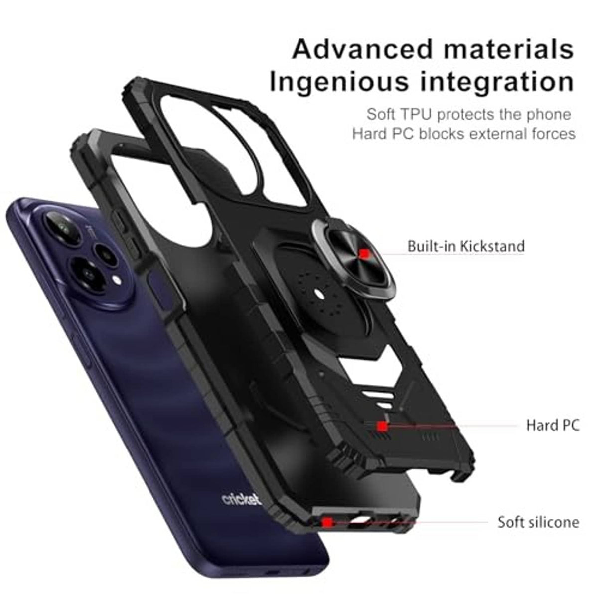 Rugged black hybrid phone case with ring kickstand and reinforced hard edge corners