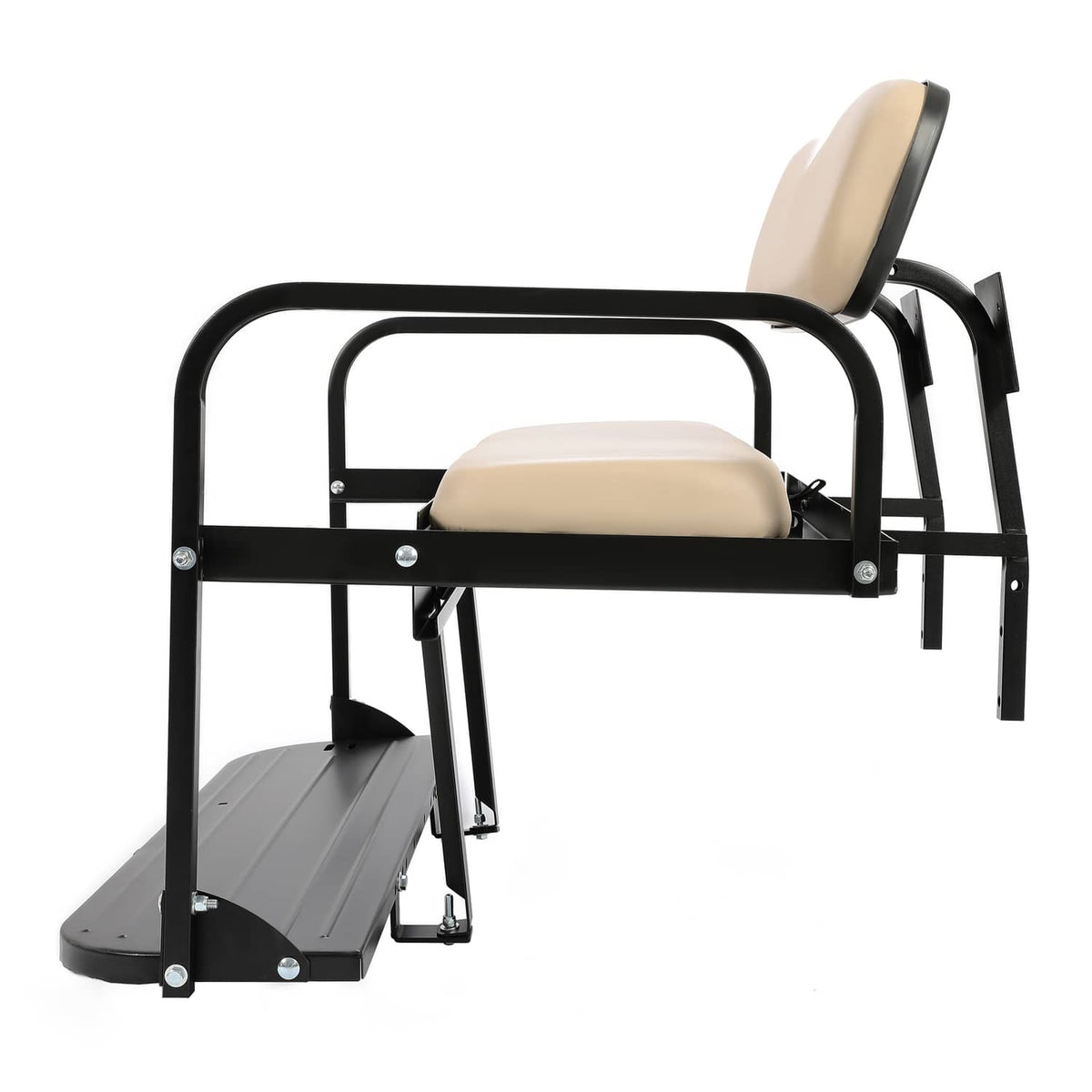 Tan folding rear back seat kit with black metal frame and built-in foot platform
