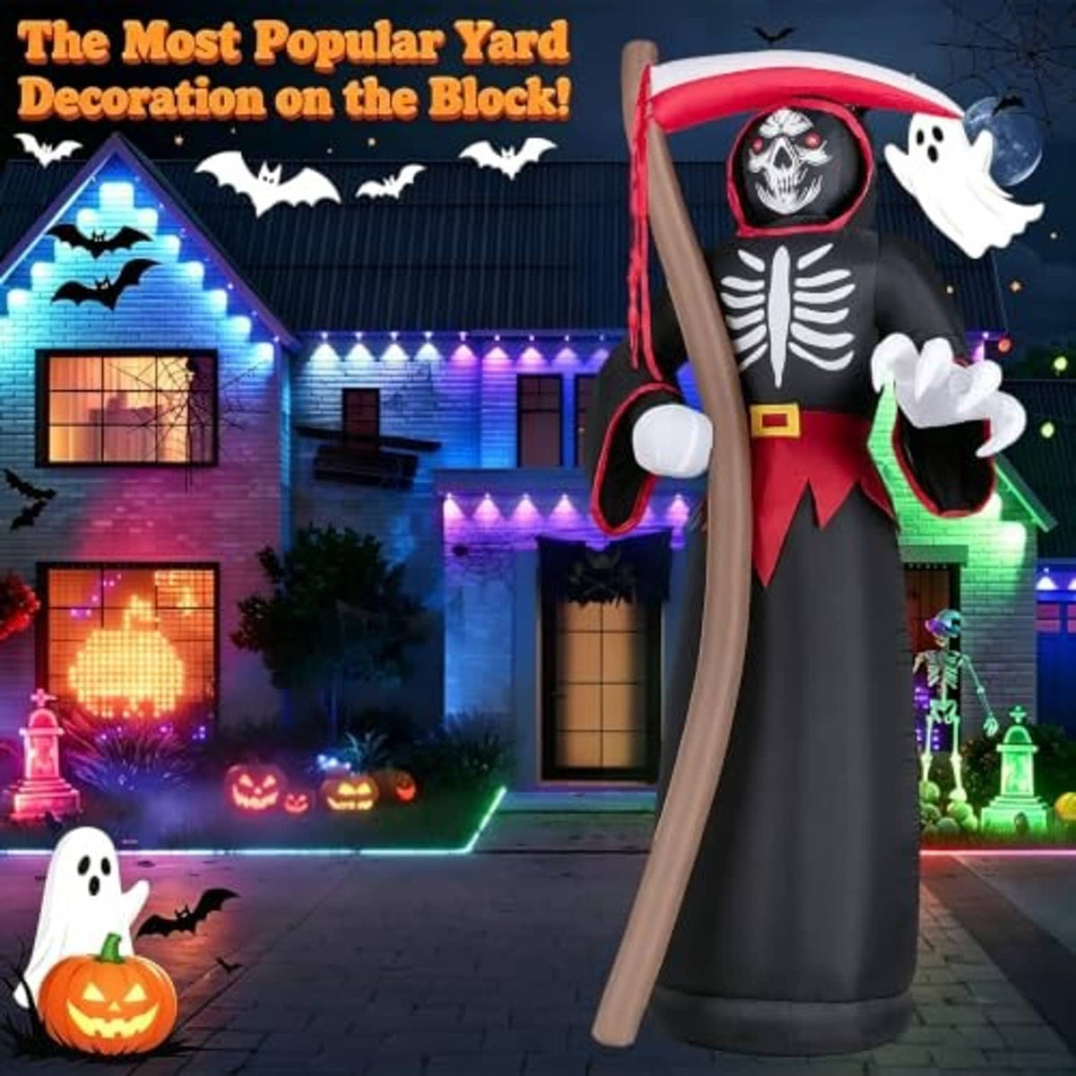 Outdoor inflatable grim reaper figure with red hood, black robe, white skeleton face, gray staff