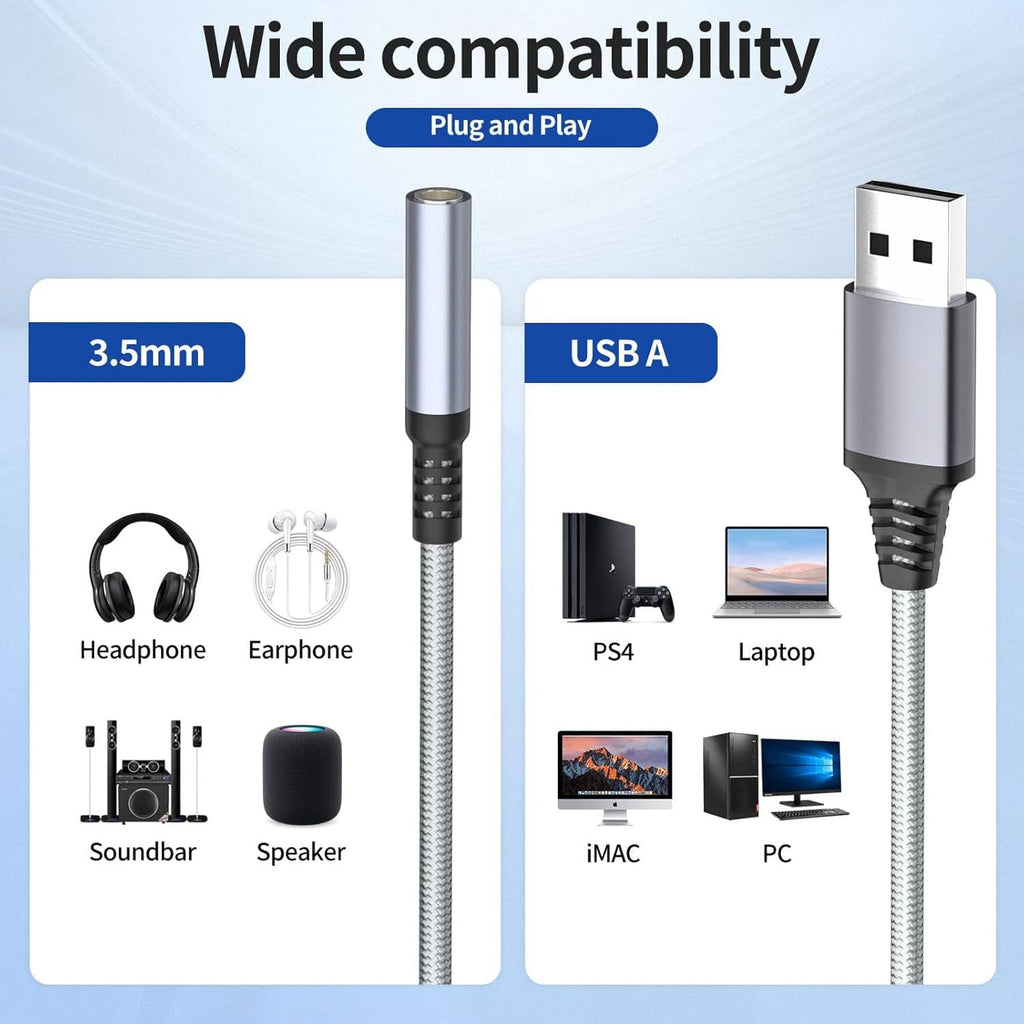 USB to 3.5mm audio jack adapter cable with USB-A and 3.5mm plugs, braided