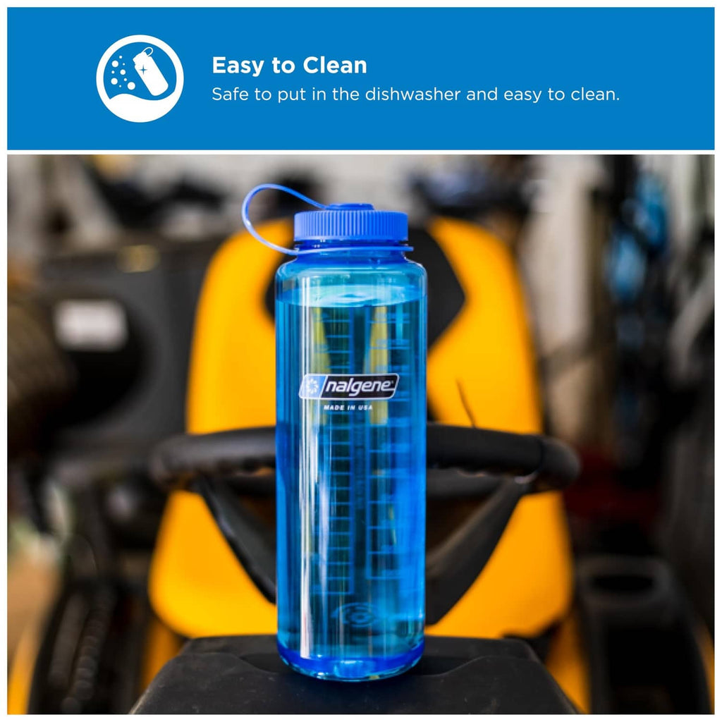 Translucent blue wide-mouth water bottle with screw lid and carry loop