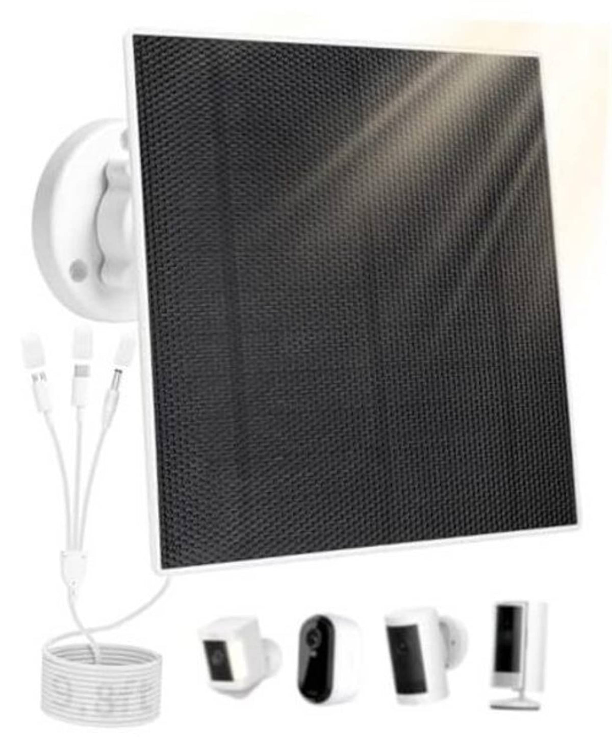 5W black solar panel with wall mount and charging cables for security camera