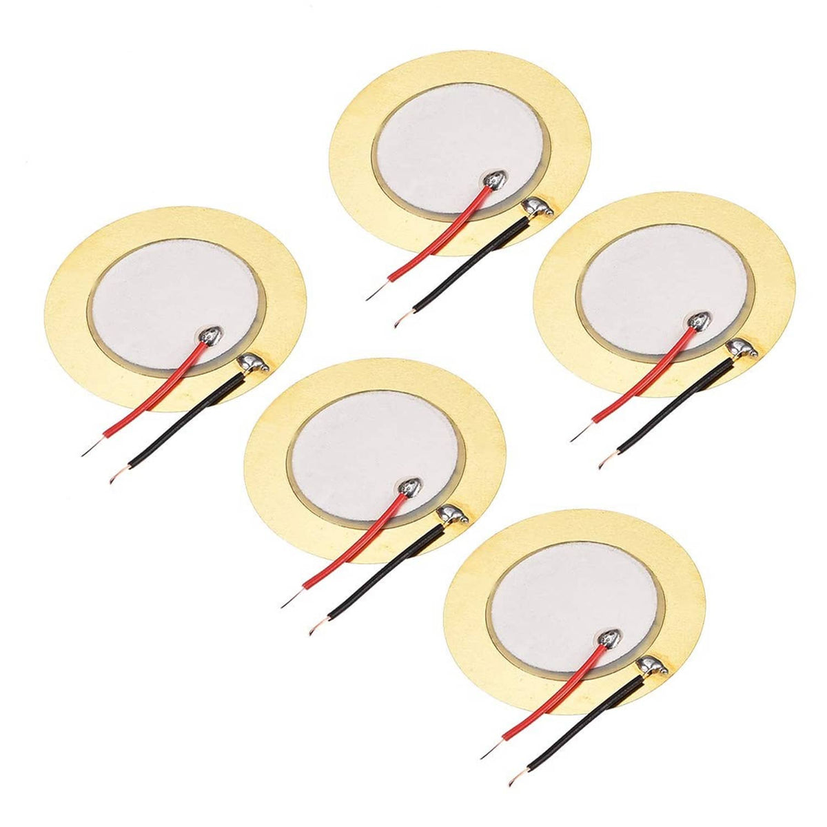 Five 35mm piezo acoustic pickup discs with red/black wire leads