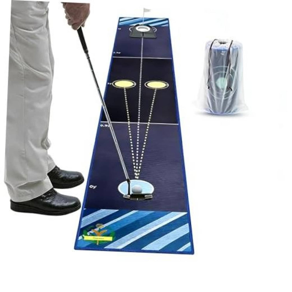 Indoor golf putting green mat with ball return lane and three practice target circles