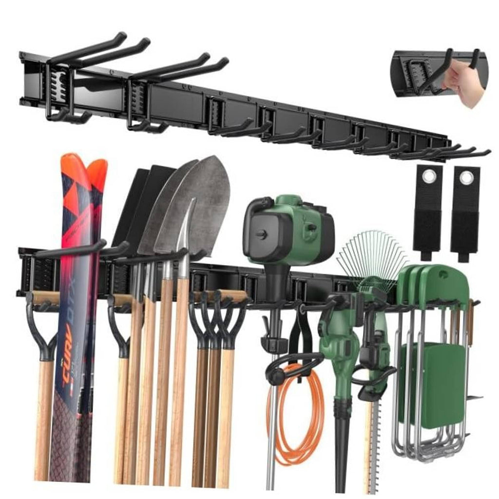 Black 66-inch wall-mount tool organizer rack with curved hooks for garden tools