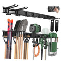 Black 66-inch wall-mount tool organizer rack with curved hooks for garden tools