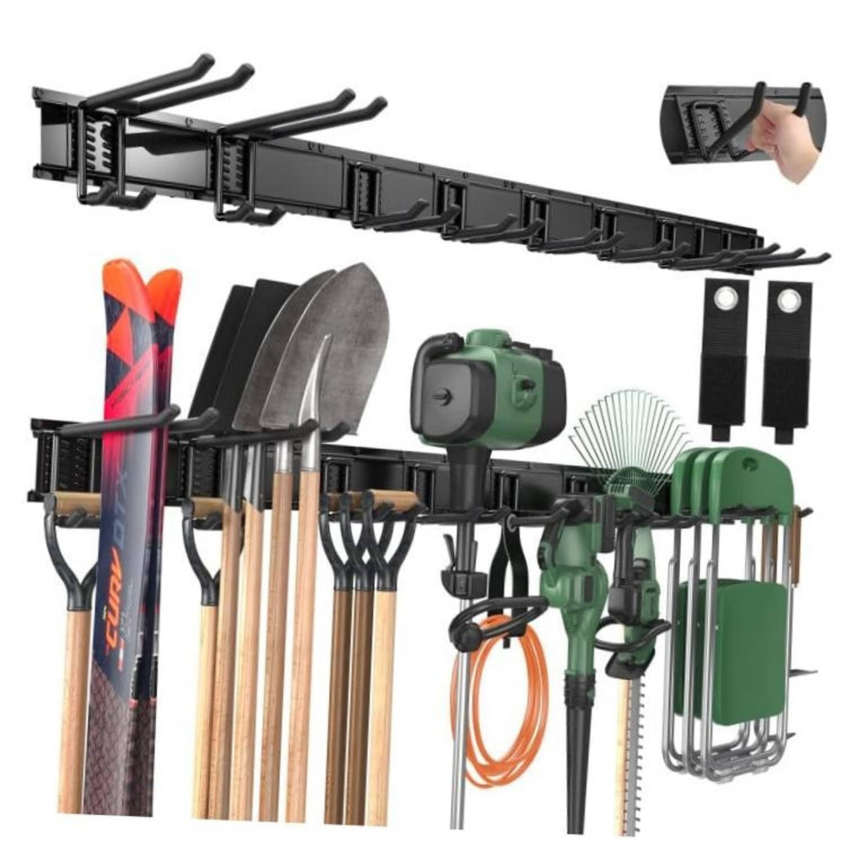 Black 66-inch wall-mount tool organizer rack with curved hooks for garden tools