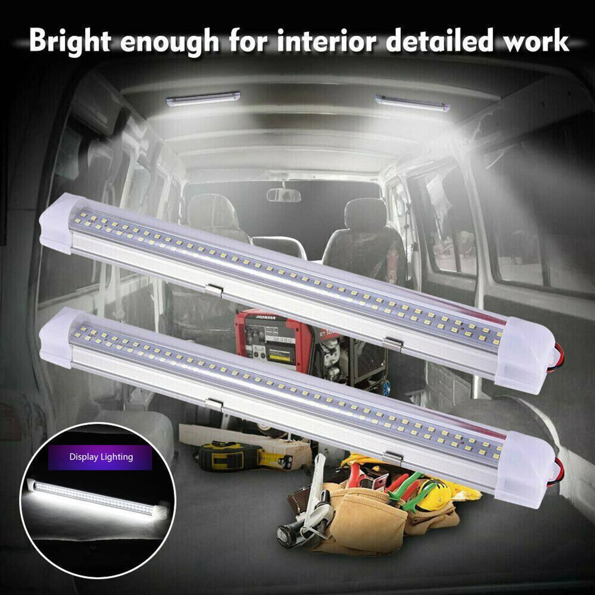 Two LED ceiling dome light bars with white housings and yellow LED strips