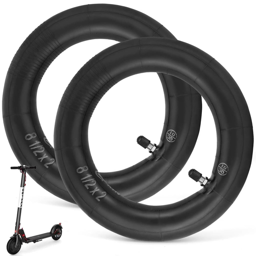Black pneumatic scooter inner tubes, two with valve stems and metal fittings