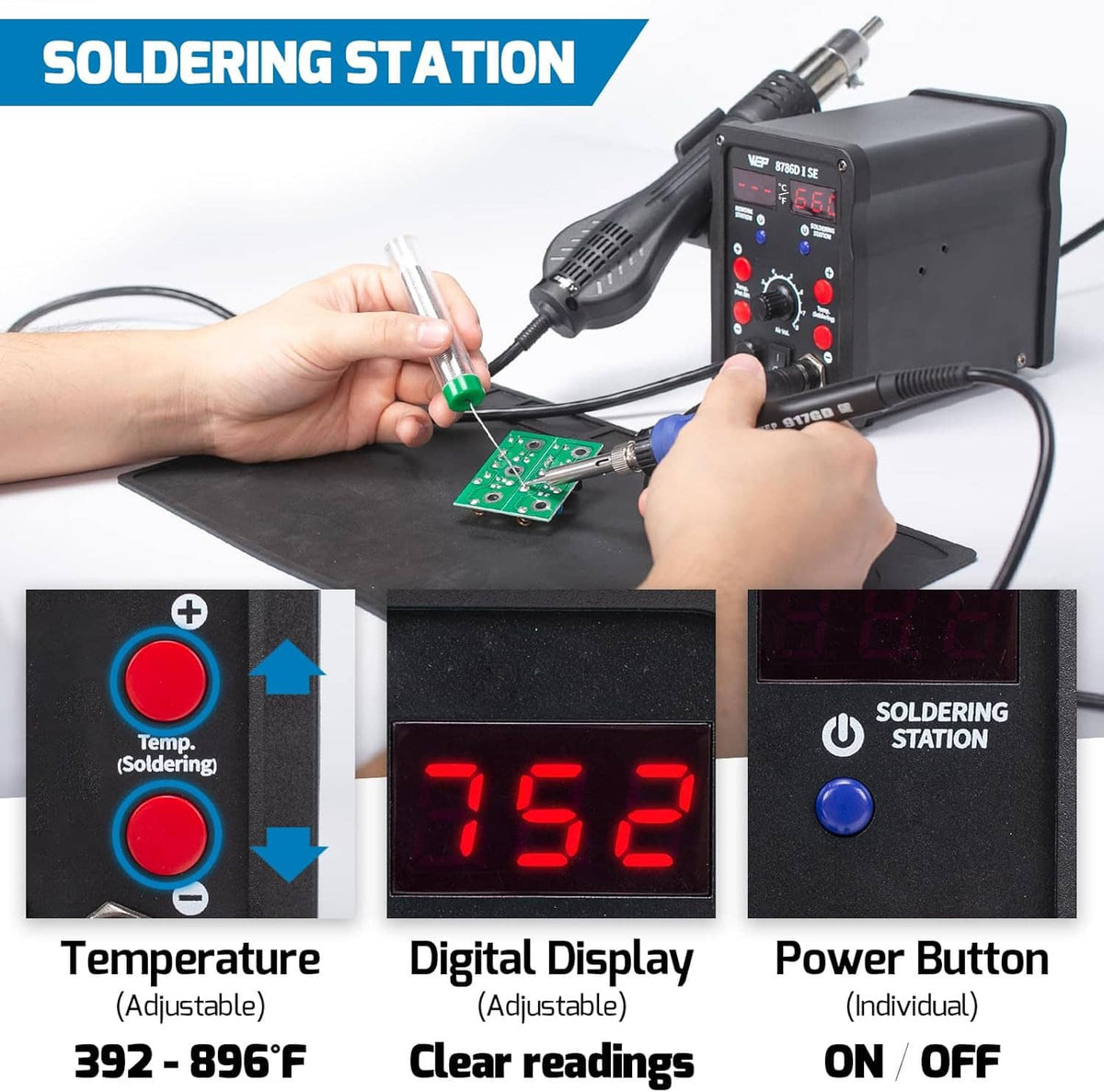 Soldering station kit with hot air gun and soldering tip working on a PCB