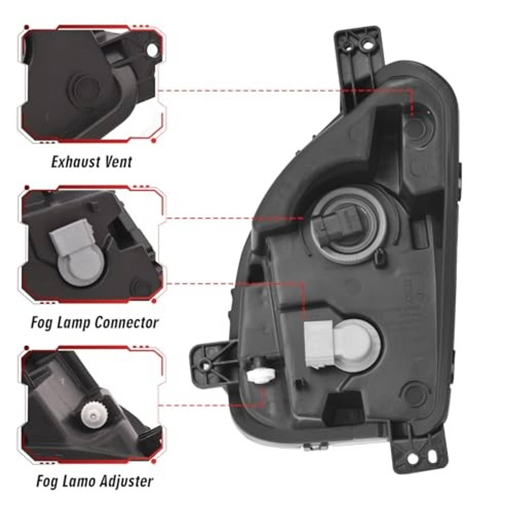 Back view of fog lamp housing with connector, exhaust vent, and adjuster parts