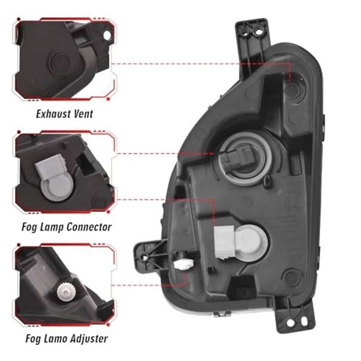 Back view of fog lamp housing with connector, exhaust vent, and adjuster parts