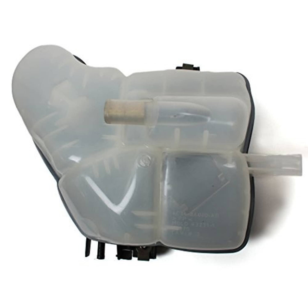 Clear translucent coolant reservoir tank with hose outlet and black cap