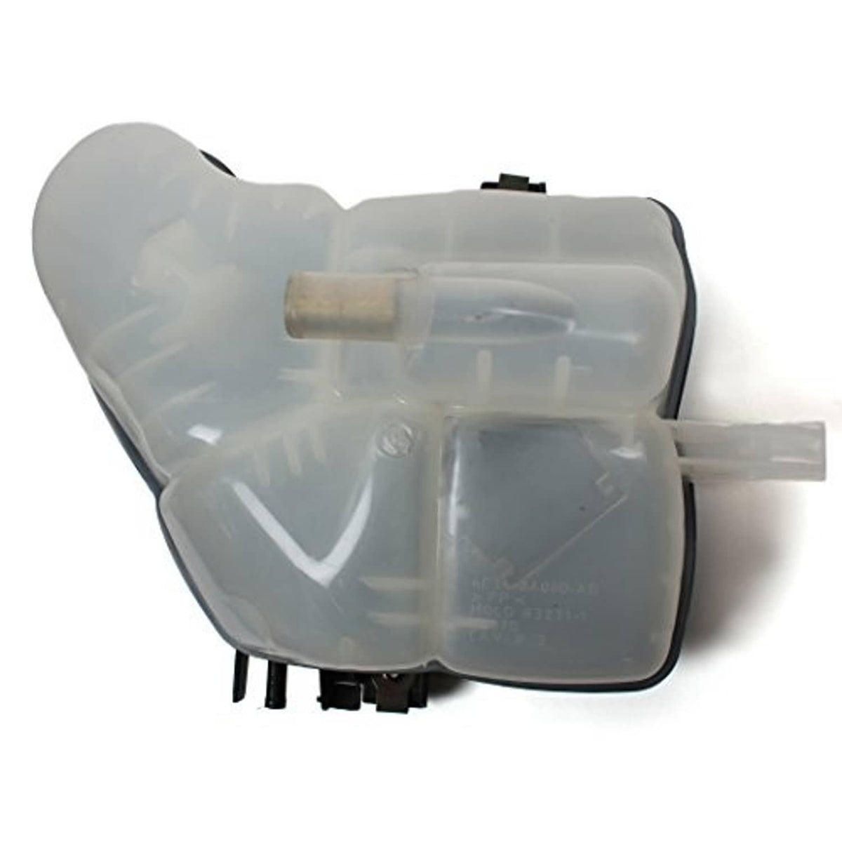 Clear translucent coolant reservoir tank with hose outlet and black cap