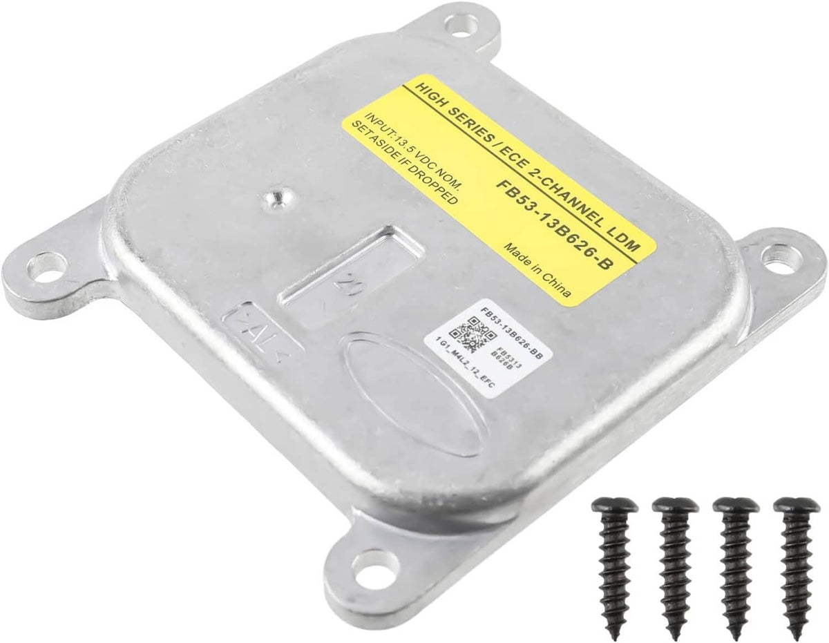 LED headlight control module with yellow label, metal housing, and mounting holes