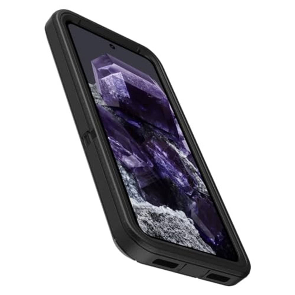 Black Defender phone case with holster, angled fit showing screen and side buttons