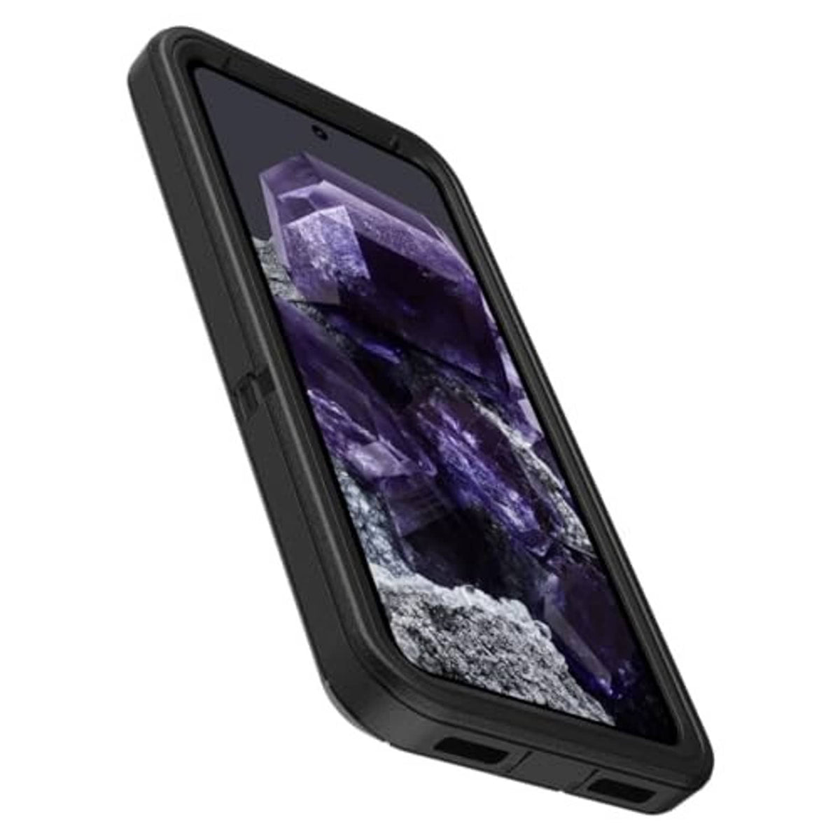 Black Defender phone case with holster, angled fit showing screen and side buttons