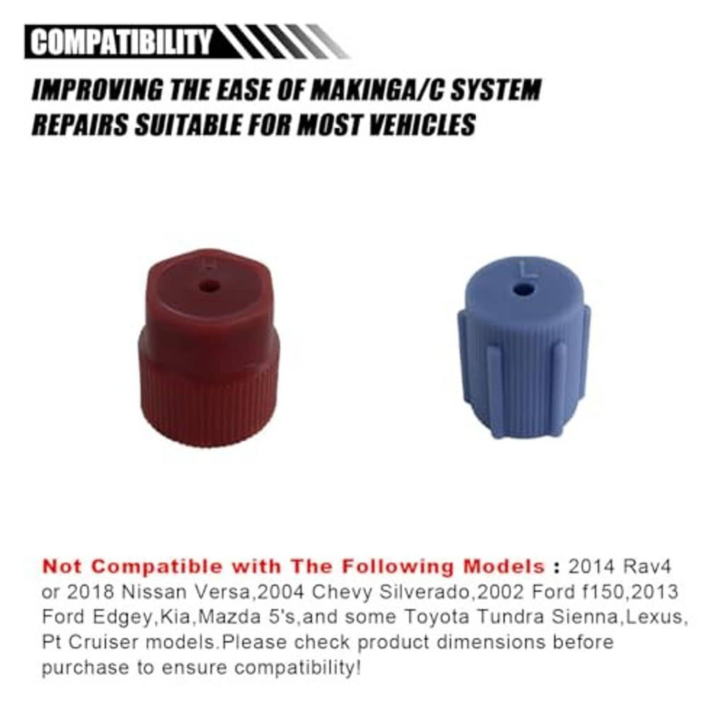 Two AC service caps for HVAC repairs: one red and one blue