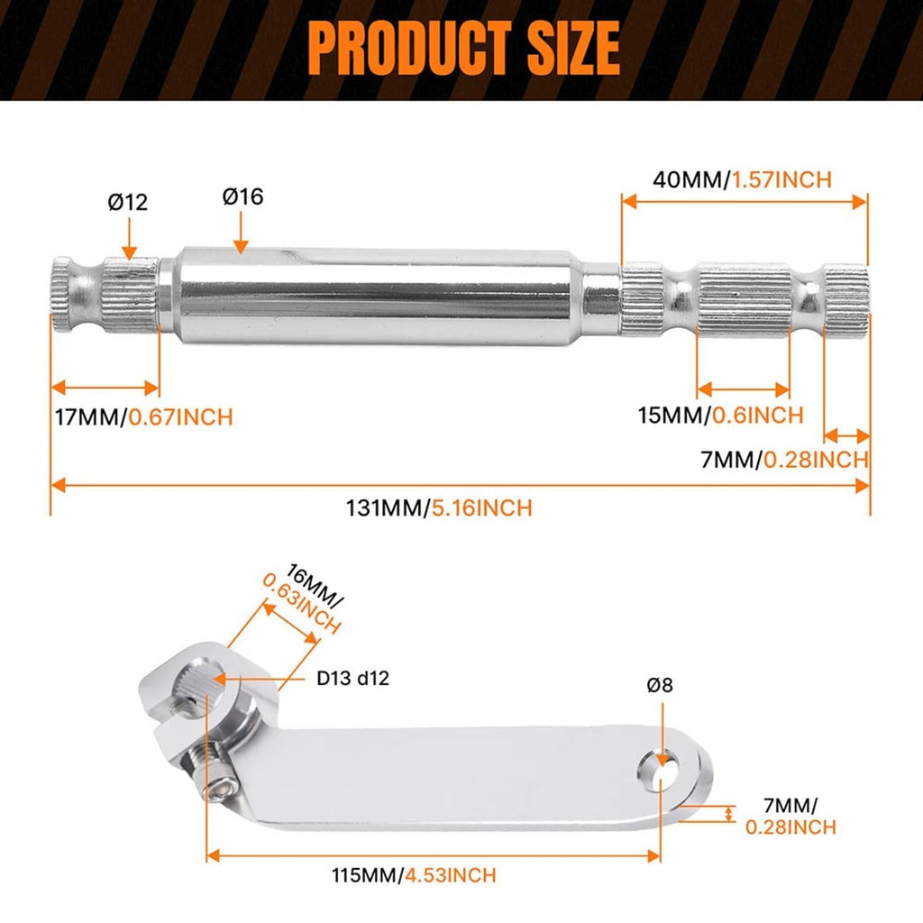 Shifter rod lever and shaft size diagram with labeled measurements on a flat layout