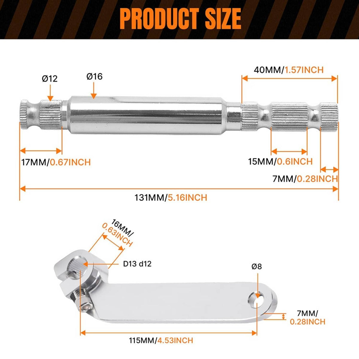 Shifter rod lever and shaft size diagram with labeled measurements on a flat layout