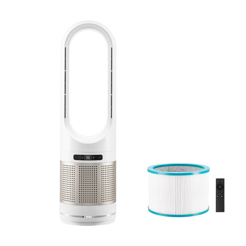 White bladeless tower fan air purifier with HEPA filter and remote control