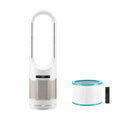 White bladeless tower fan air purifier with HEPA filter and remote control