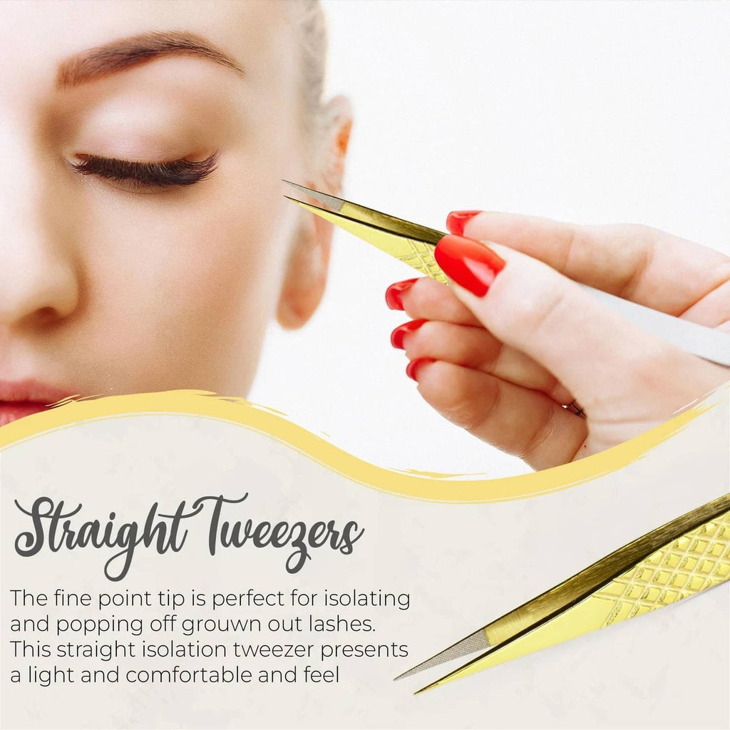 Straight gold diamond-grip eyelash extension tweezers with narrow tip