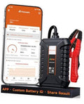 Wireless 12V battery tester with red clamp, base unit, and smartphone app screen