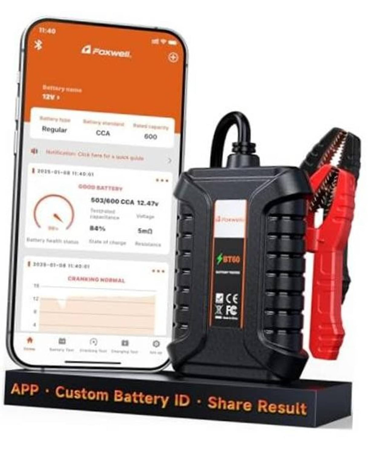 Wireless 12V battery tester with red clamp, base unit, and smartphone app screen