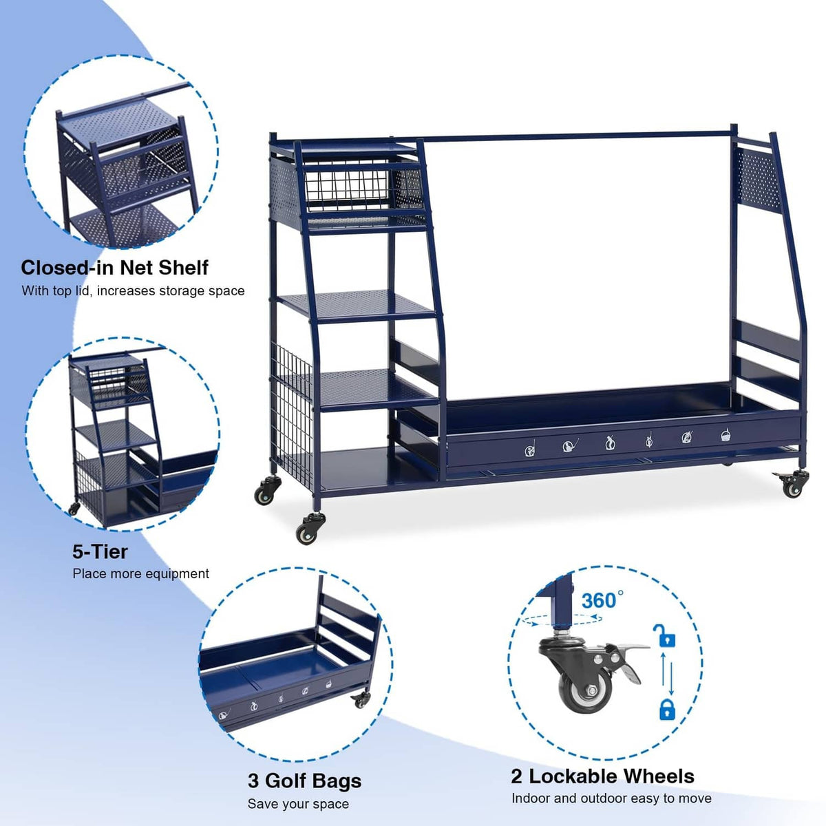 Blue multi-tier golf bag organizer rack with enclosed net shelves and two wheels