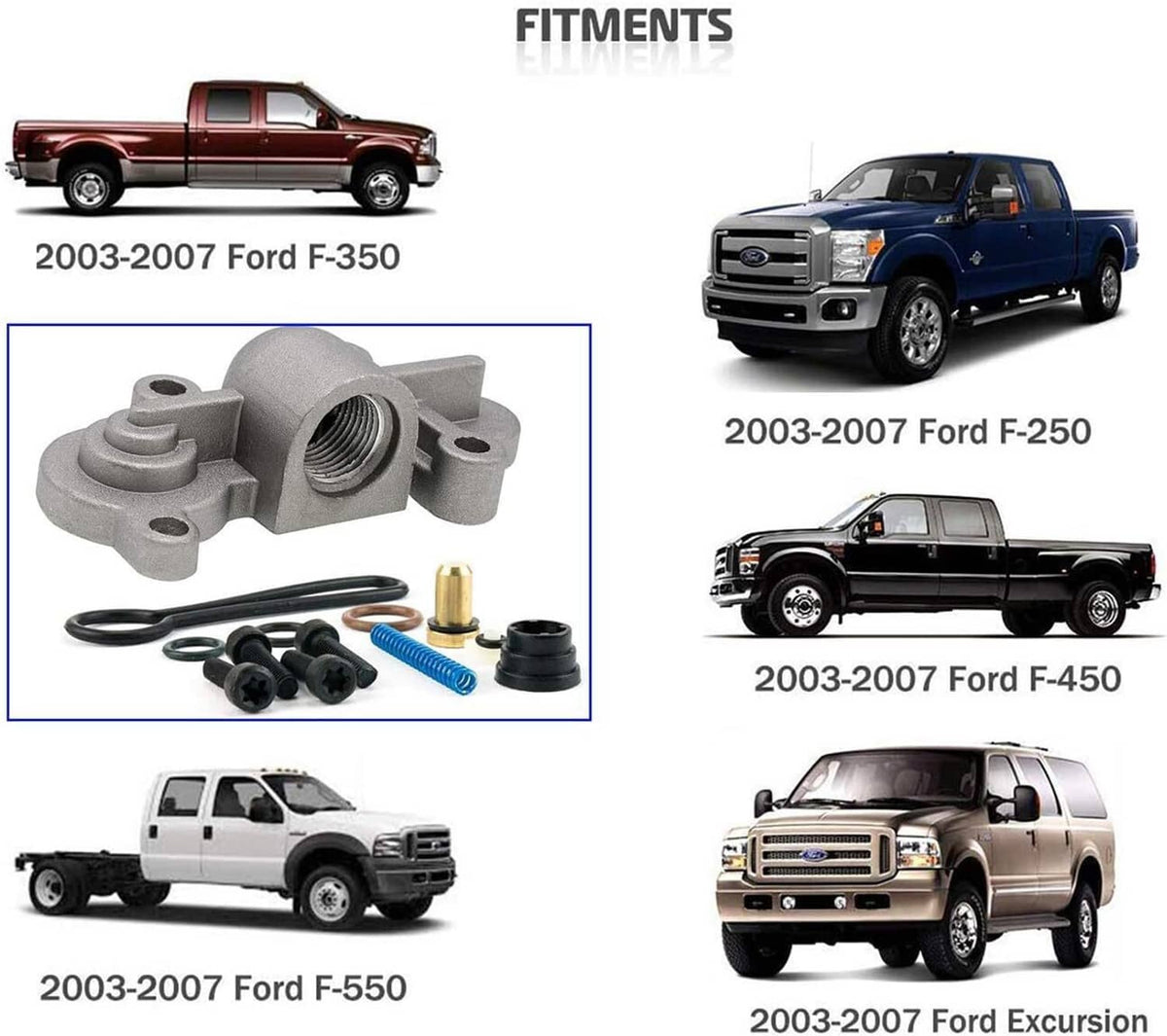 Fuel pressure regulator kit for compatible Ford models, showing regulator and included parts