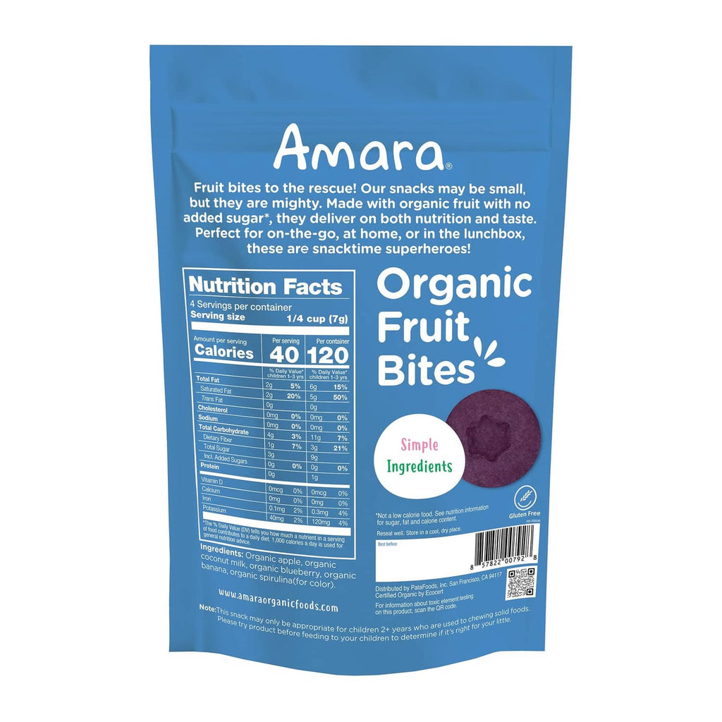 Amara Organic Fruit Bites blueberry pouch back with Nutrition Facts panel
