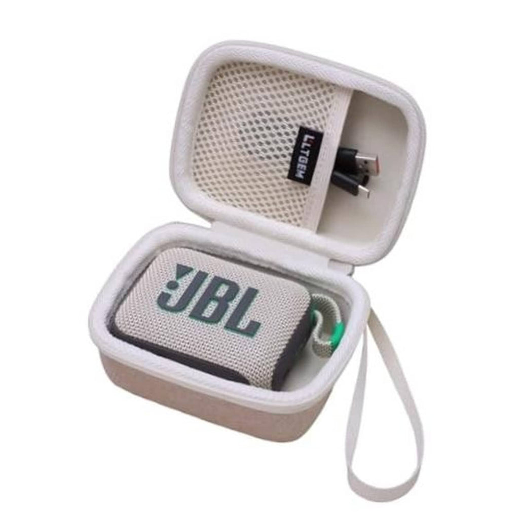 Sand-colored zippered speaker case with wrist strap, open view showing a JBL speaker
