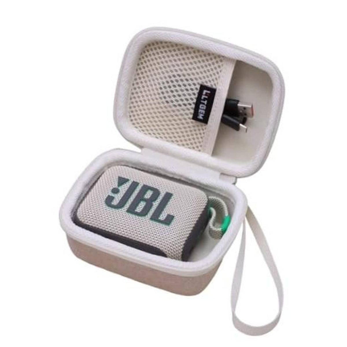 Sand-colored zippered speaker case with wrist strap, open view showing a JBL speaker