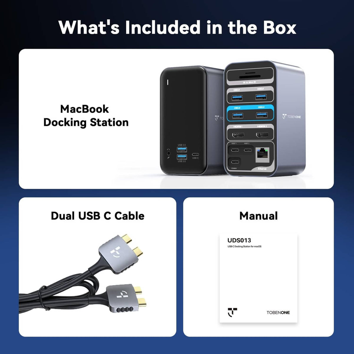 Docking station kit with grey dual-port dock, dual USB-C cables, and manual