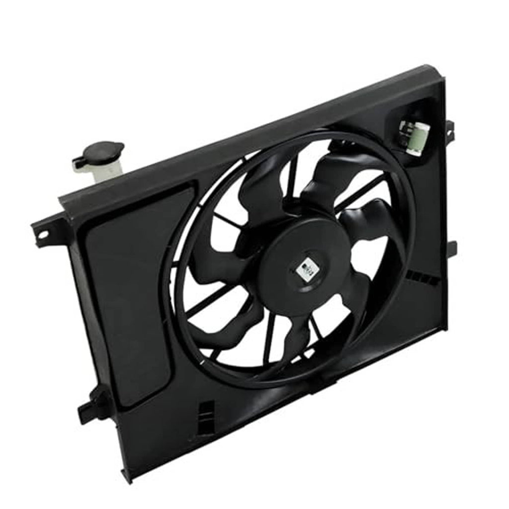 Radiator cooling fan assembly side view with black fan and black mounting frame