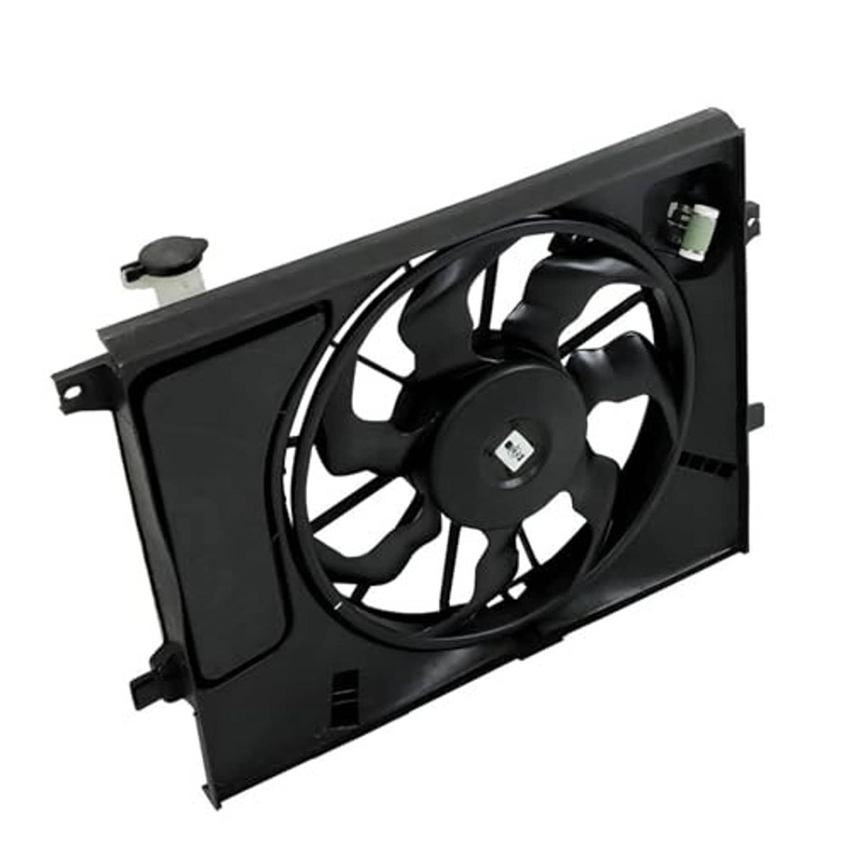 Radiator cooling fan assembly side view with black fan and black mounting frame