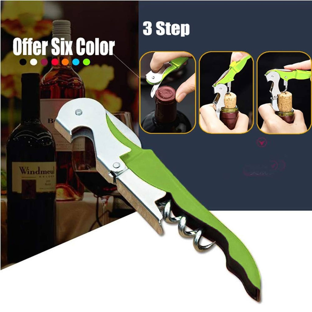 Green waiter corkscrew wine opener with lever handle for cork extraction