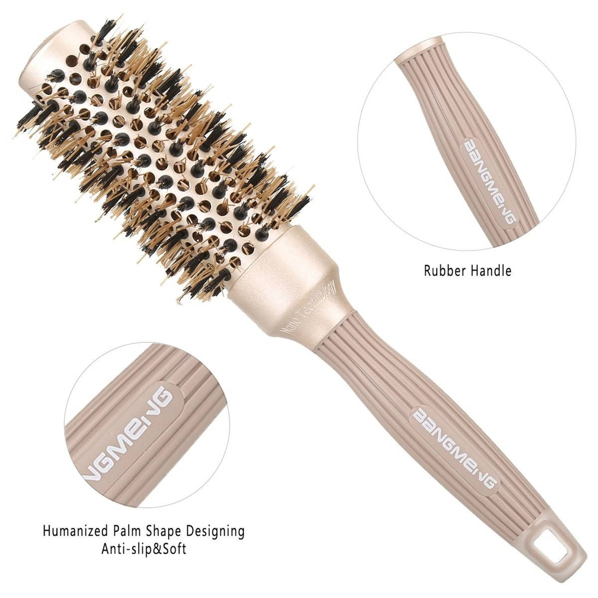 Beige rubber handle anti-static hair brush with round vented bristle barrel