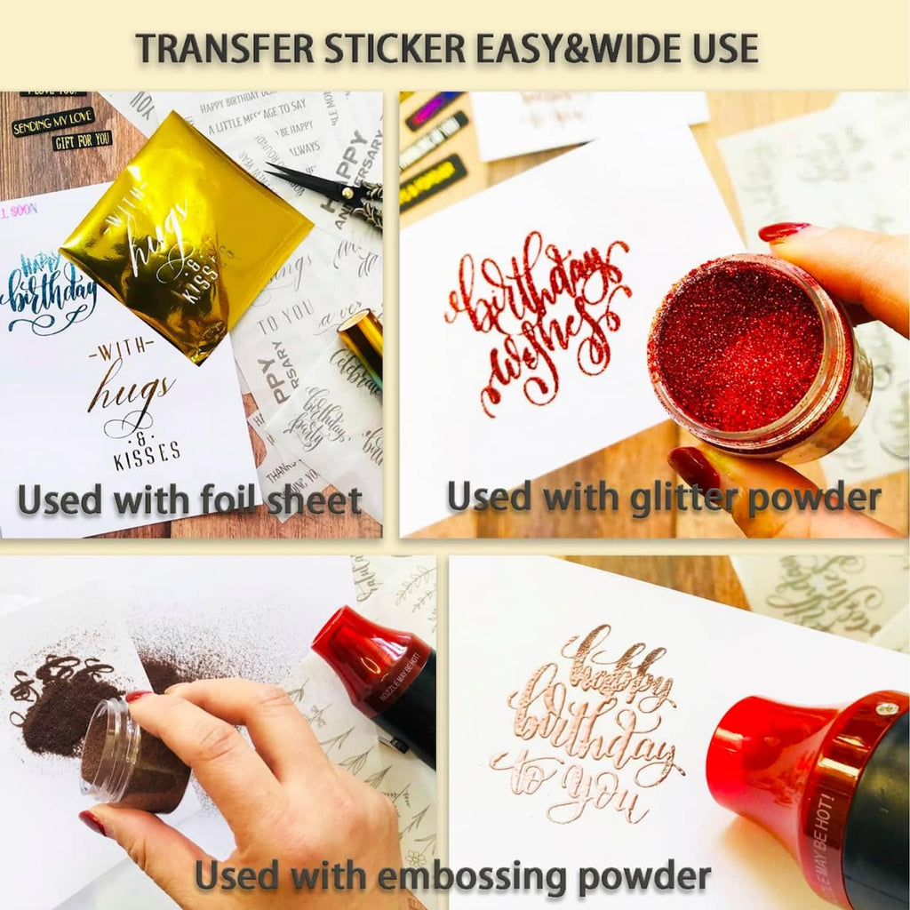 Transfer sticker use examples with foil sheet, glitter powder, and embossing powder