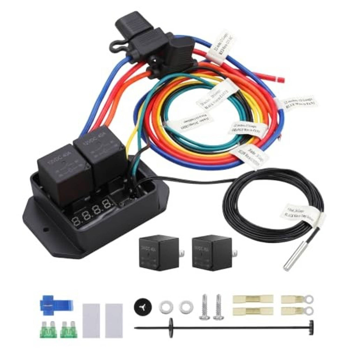 12V/24V digital radiator fan controller with LED display, wiring bundle, and temperature probe