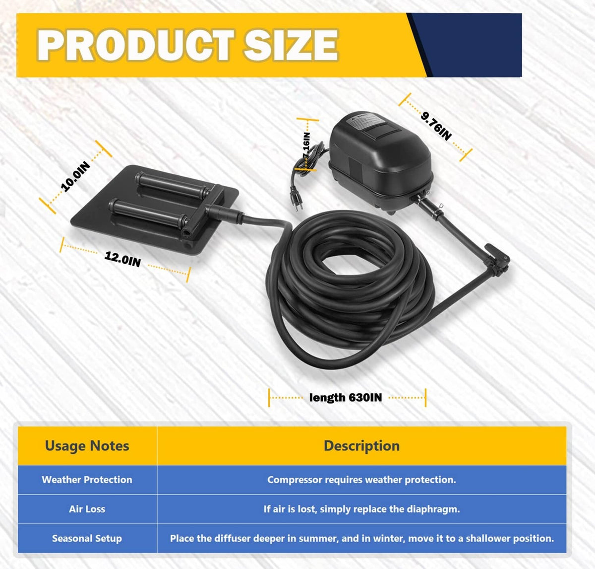 Pond aeration pump kit size diagram with diffuser base and coiled airline