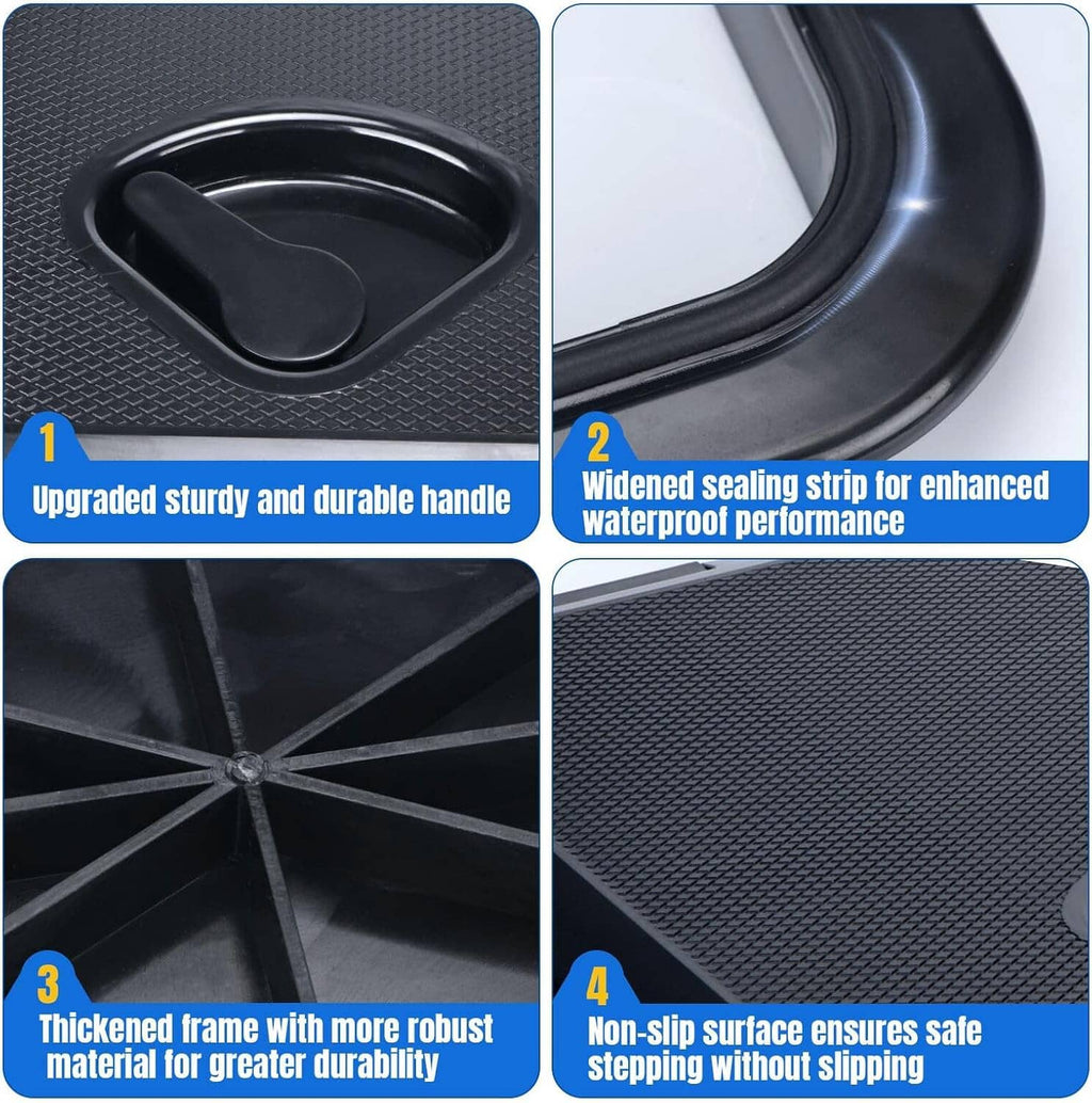 Black marine deck hatch cover with textured lid and recessed lifting handle cutouts