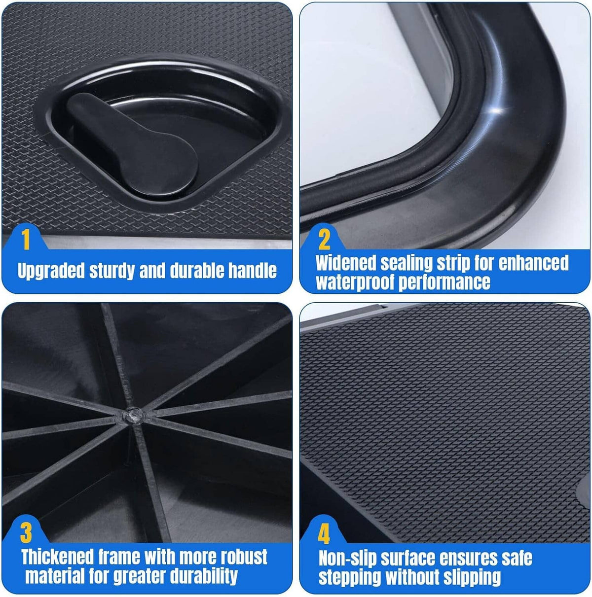 Black marine deck hatch cover with textured lid and recessed lifting handle cutouts