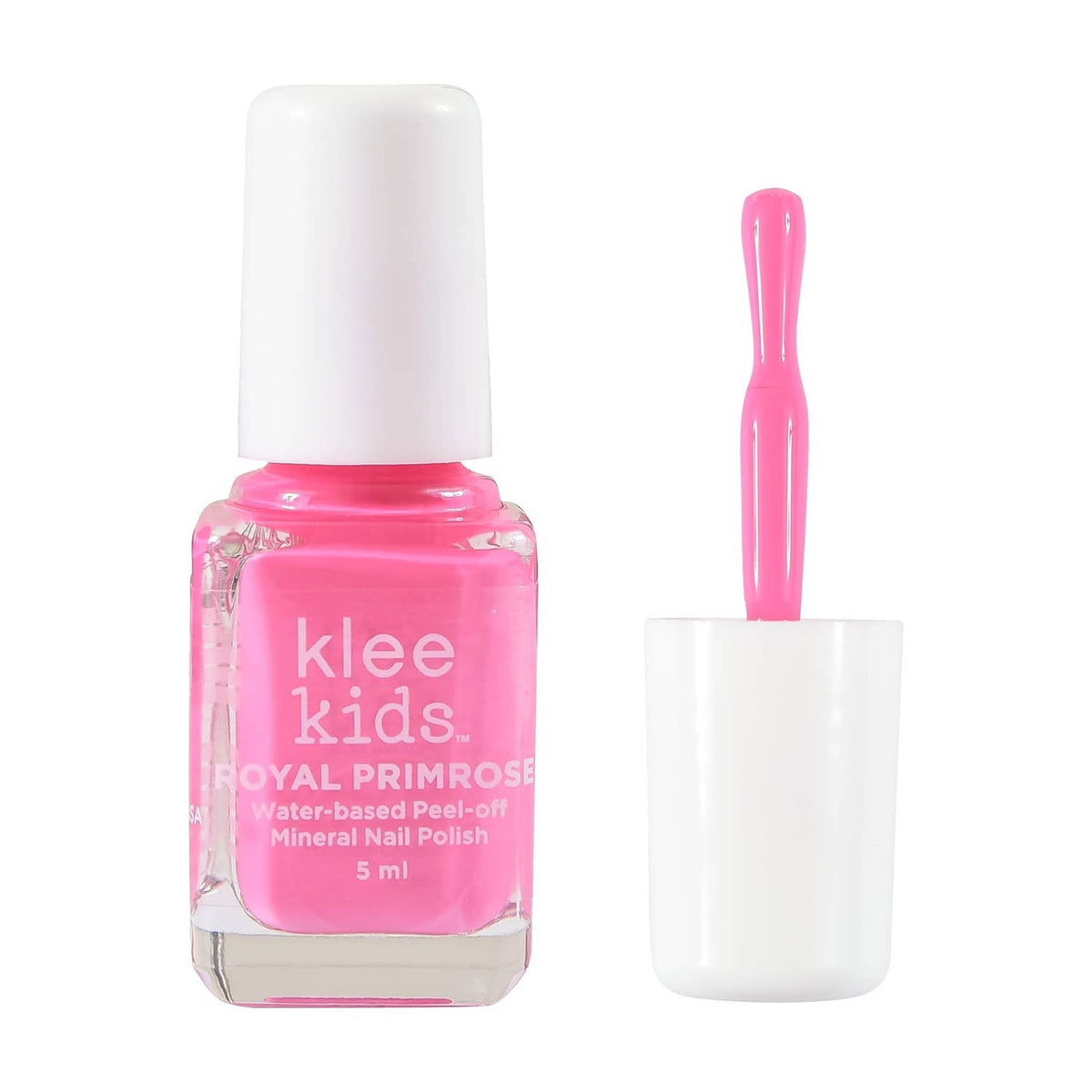 Kids mineral nail polish bottle in royal primrose pink with white cap