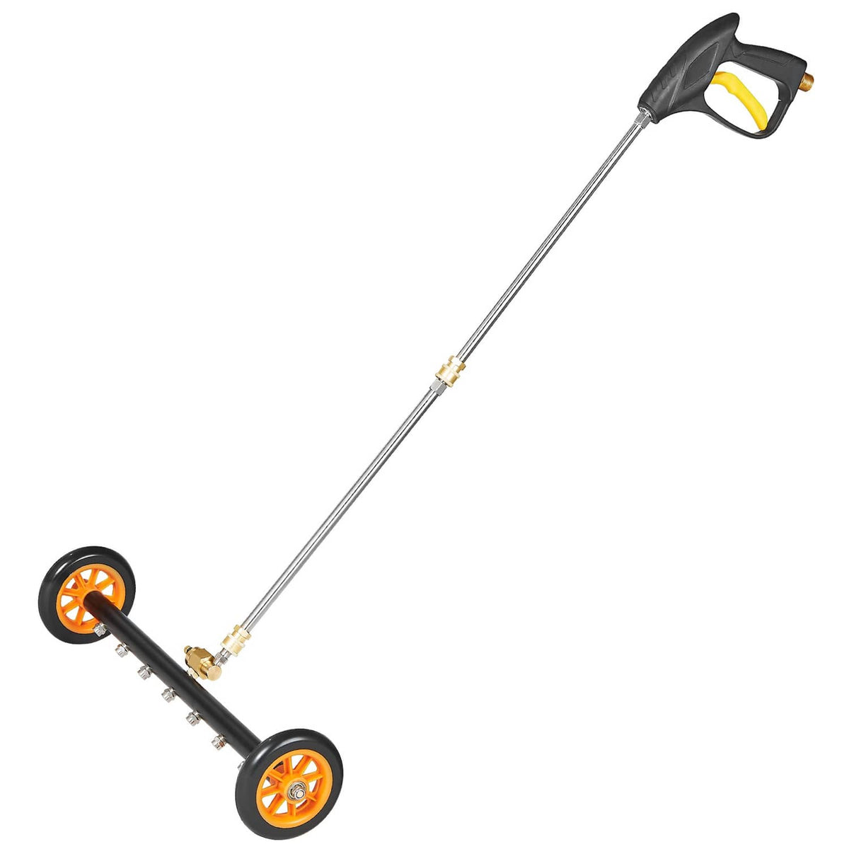 Telescoping wand extension with pressure washer undercarriage cleaner wheels and gold connectors