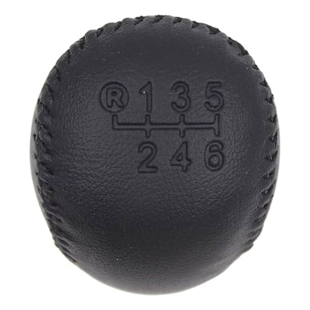 Leather gear shift knob top close-up with 1–6 and R gear layout