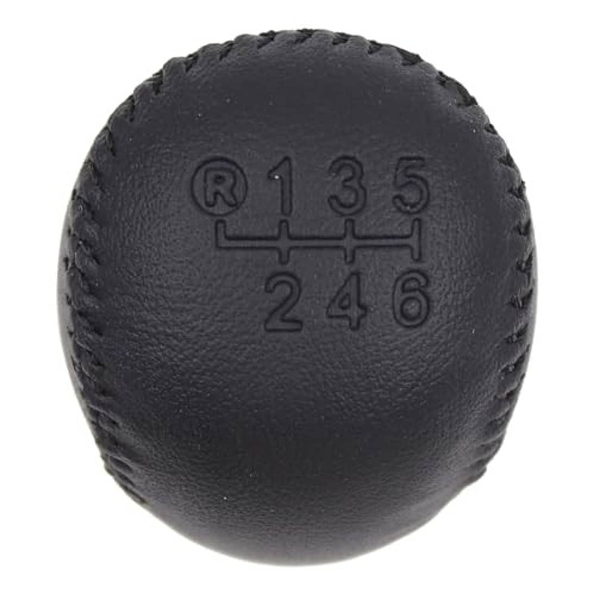Leather gear shift knob top close-up with 1–6 and R gear layout