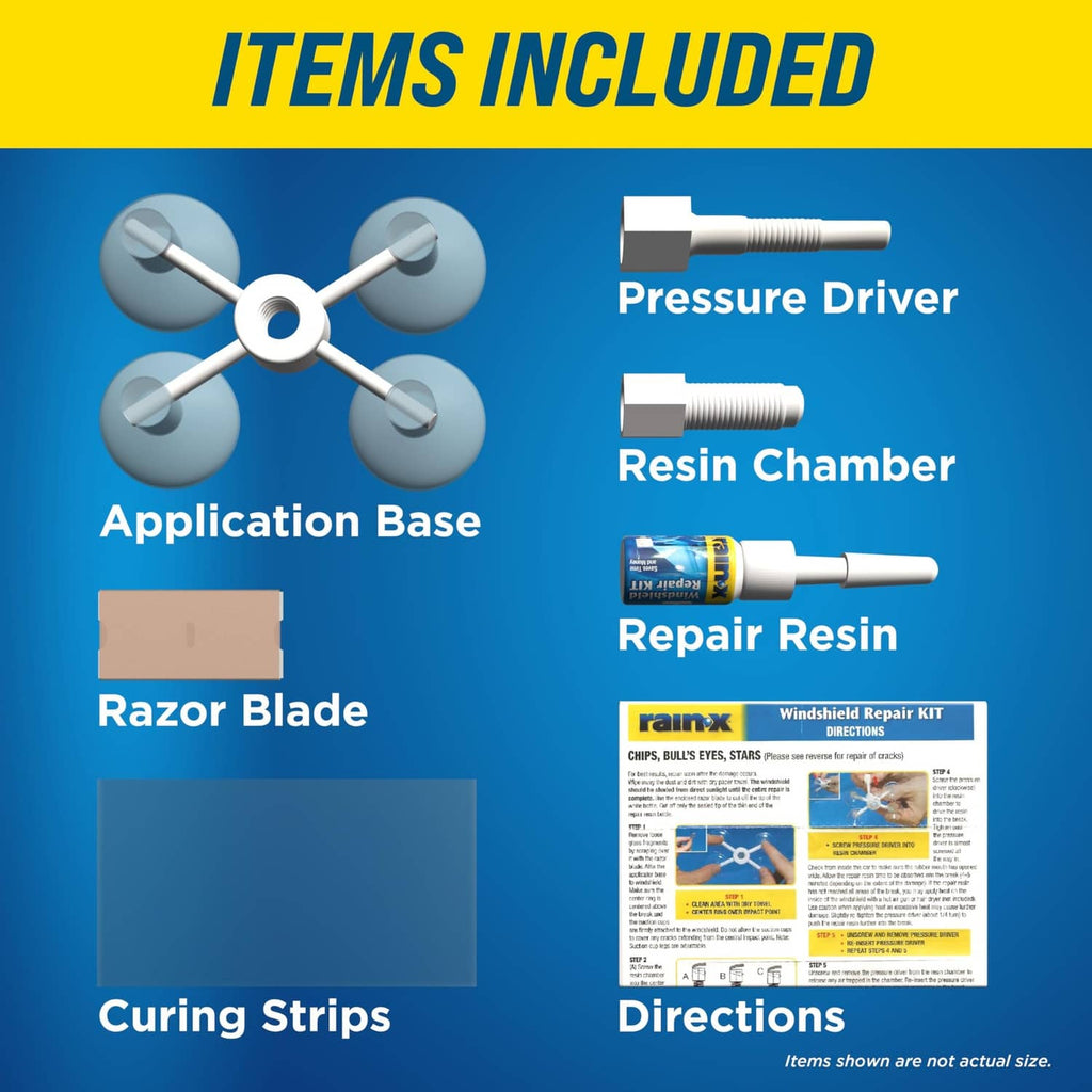 Rain-x windshield repair kit items included: pressure driver, resin chamber, resin, strips