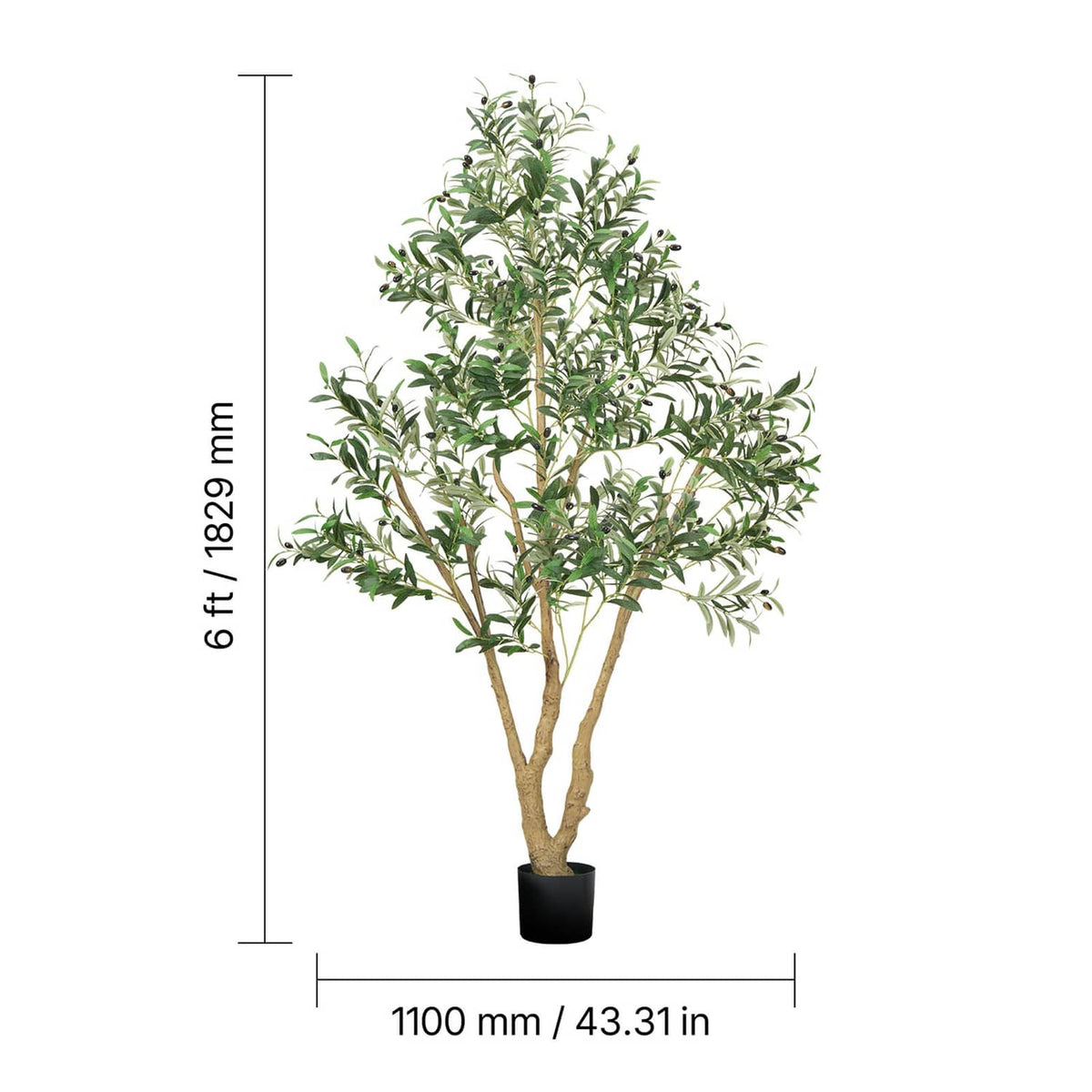 Artificial olive tree with black pot, height and width dimensions shown